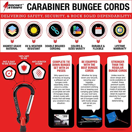 ROCKET STRAPS Bungee Cords | Premium Heavy Duty Outdoor Carabiner Bungee Cords with Hooks | Bungee Cord Assortment Includes | Tie Downs | Ball Bungees | (4) Tarp Clips | Bungie Cord Straps - Image 4