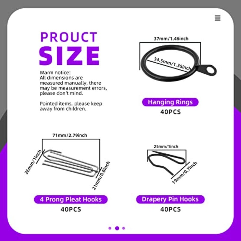 120Pcs 1.35 Inch - 30mm Metal Drapery Curtain Rings Curtain Hanging Rings and Stainless Steel 4 Prongs Pinch Pleat Hook with Drapery Curtain Pin-on Hooks Pins for Window, Shower Curtain - Image 2