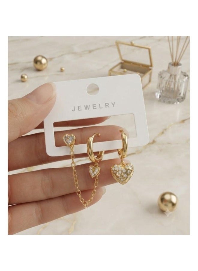 3-Piece Gold-Tone Connected Heart Design Hoop & Stud Earring Set with Pave Zirconia