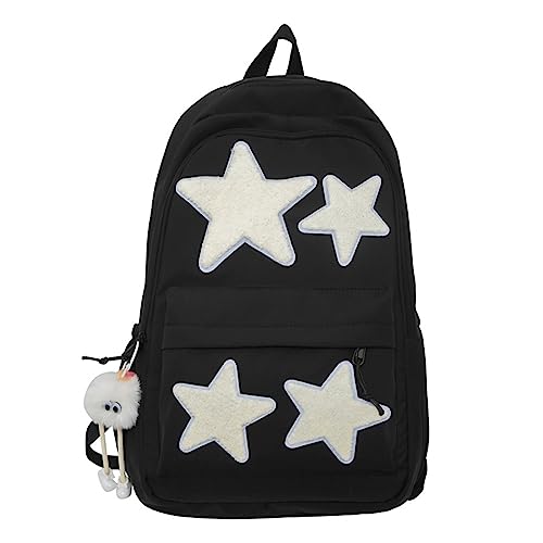 LOTUSTAR Y2K Backpack with Cute Accessories Emo Girl Boy Stars Preppy School Bag with Plush Pendenat Grunge 1012 Daypack Black - Image 1