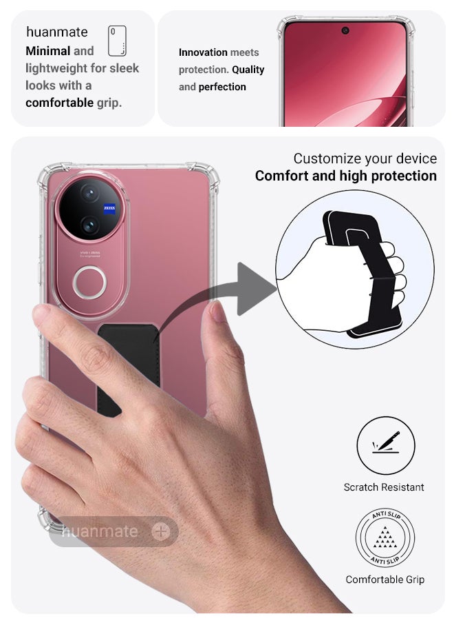 Vivo V50 Magnetic Case With Hand Grip Holder & Kickstand - Strong Grip for Magnetic Car Holder, Stylish & Functional, Ultimate Convenience & Hands-Free Viewing - Clear/Black