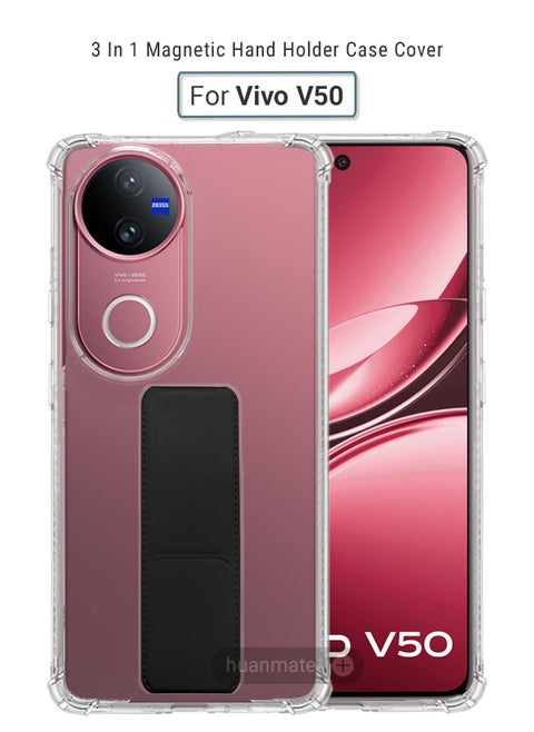 Vivo V50 Magnetic Case With Hand Grip Holder & Kickstand - Strong Grip for Magnetic Car Holder, Stylish & Functional, Ultimate Convenience & Hands-Free Viewing - Clear/Black