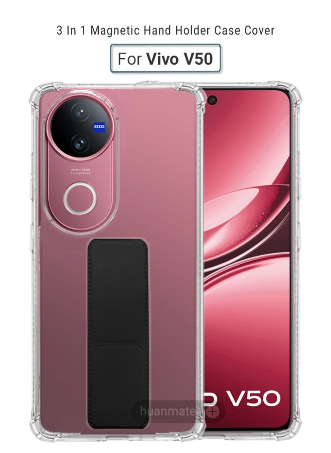 Vivo V50 Magnetic Case With Hand Grip Holder & Kickstand - Strong Grip for Magnetic Car Holder, Stylish & Functional, Ultimate Convenience & Hands-Free Viewing - Clear/Black