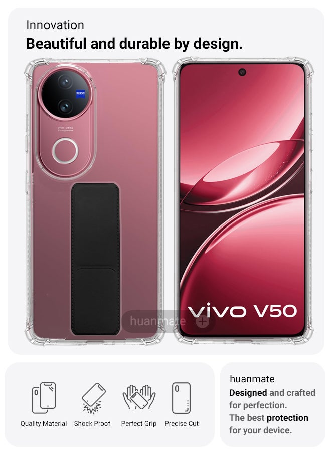 Vivo V50 Magnetic Case With Hand Grip Holder & Kickstand - Strong Grip for Magnetic Car Holder, Stylish & Functional, Ultimate Convenience & Hands-Free Viewing - Clear/Black