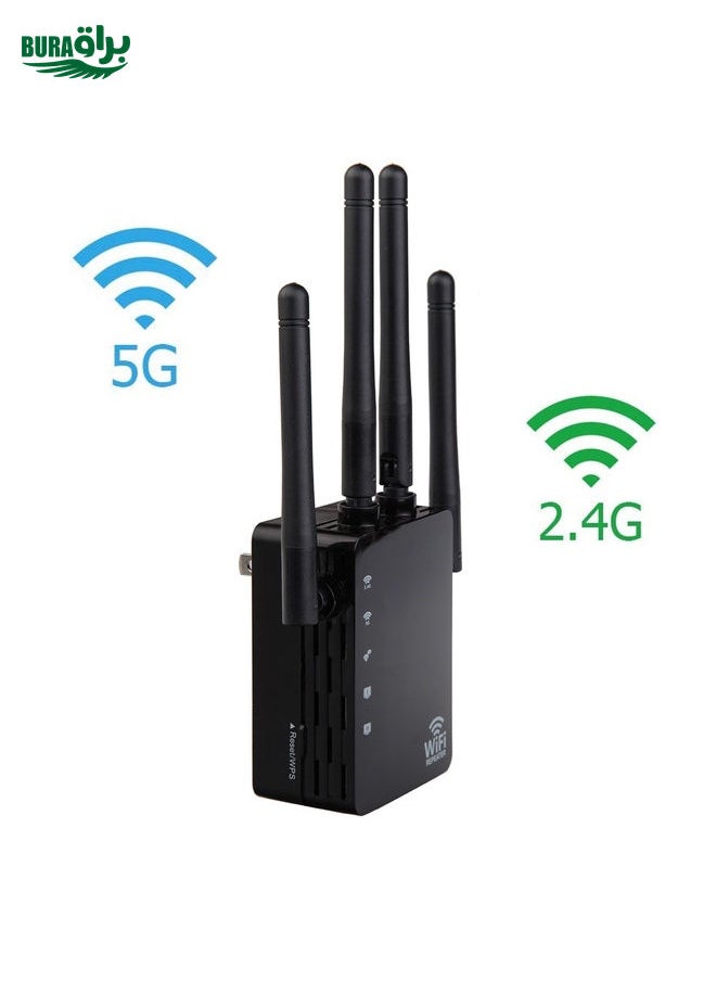 5G/2.4G 1200Mbps WiFi Range Extender WiFi Repeater With 2 Ethernet Ports EU Plug Black