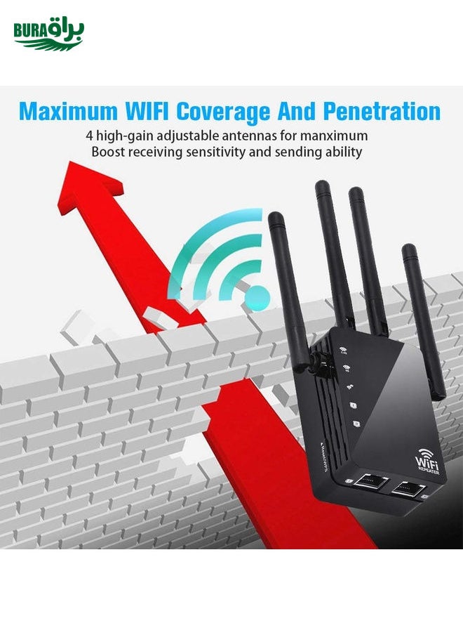 5G/2.4G 1200Mbps WiFi Range Extender WiFi Repeater With 2 Ethernet Ports EU Plug Black