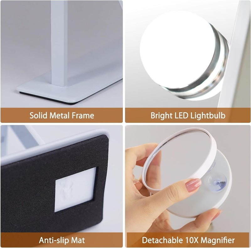 FENCHILIN Vanity Mirror with Lights Hollywood Lighted Makeup Mirror with 9 LED Bulbs, 3Colors Dimable Light Detachable 10X Magnification(White) - Image 5