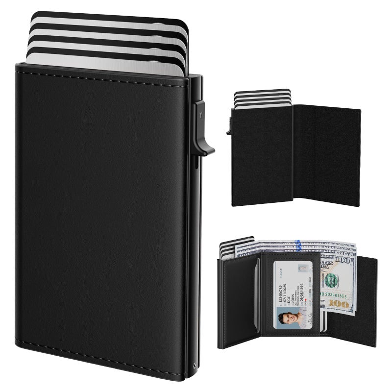 typecase Mens Wallet Card Holder: Pop Up Aluminum Case, Genuine Leather, Smart, RFID Blocking, Slim, Minimalist, Front Pocket - 9-14 Card Capacity | ID Window | Cash Slot (Deep Black) - Image 1