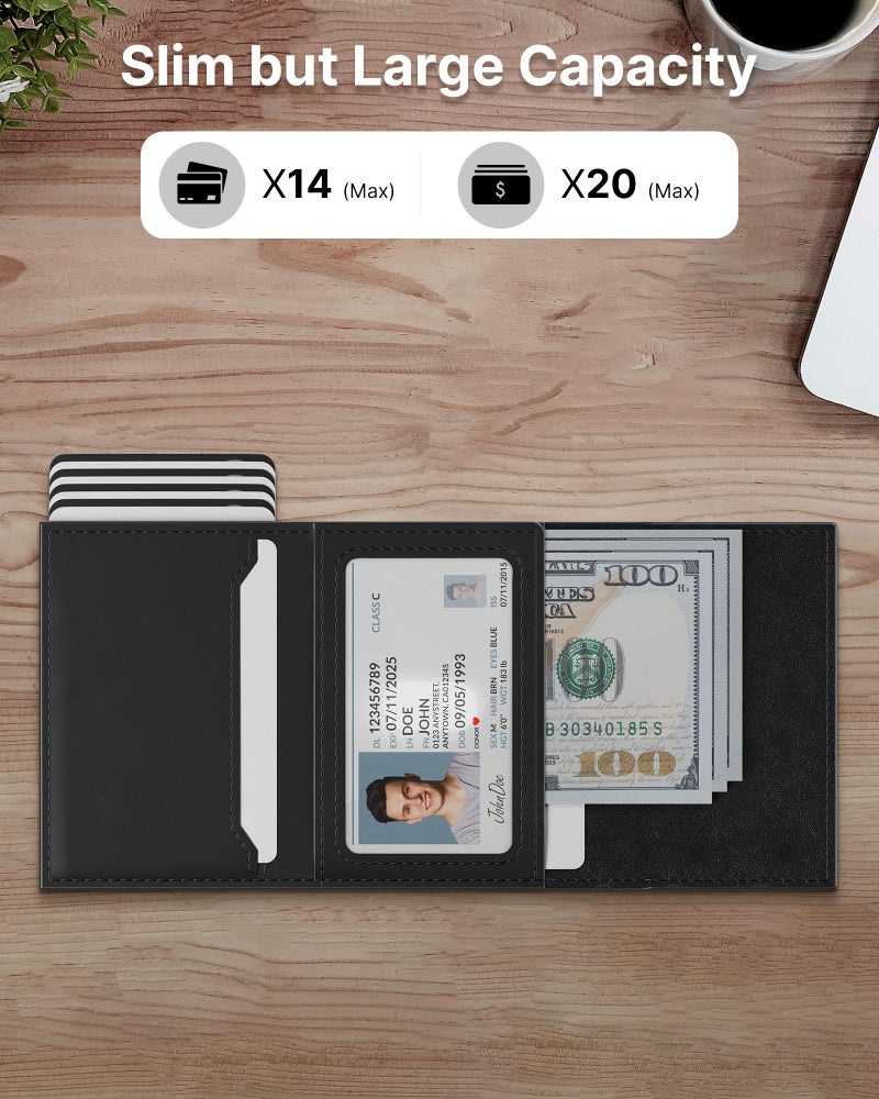typecase Mens Wallet Card Holder: Pop Up Aluminum Case, Genuine Leather, Smart, RFID Blocking, Slim, Minimalist, Front Pocket - 9-14 Card Capacity | ID Window | Cash Slot (Deep Black) - Image 2