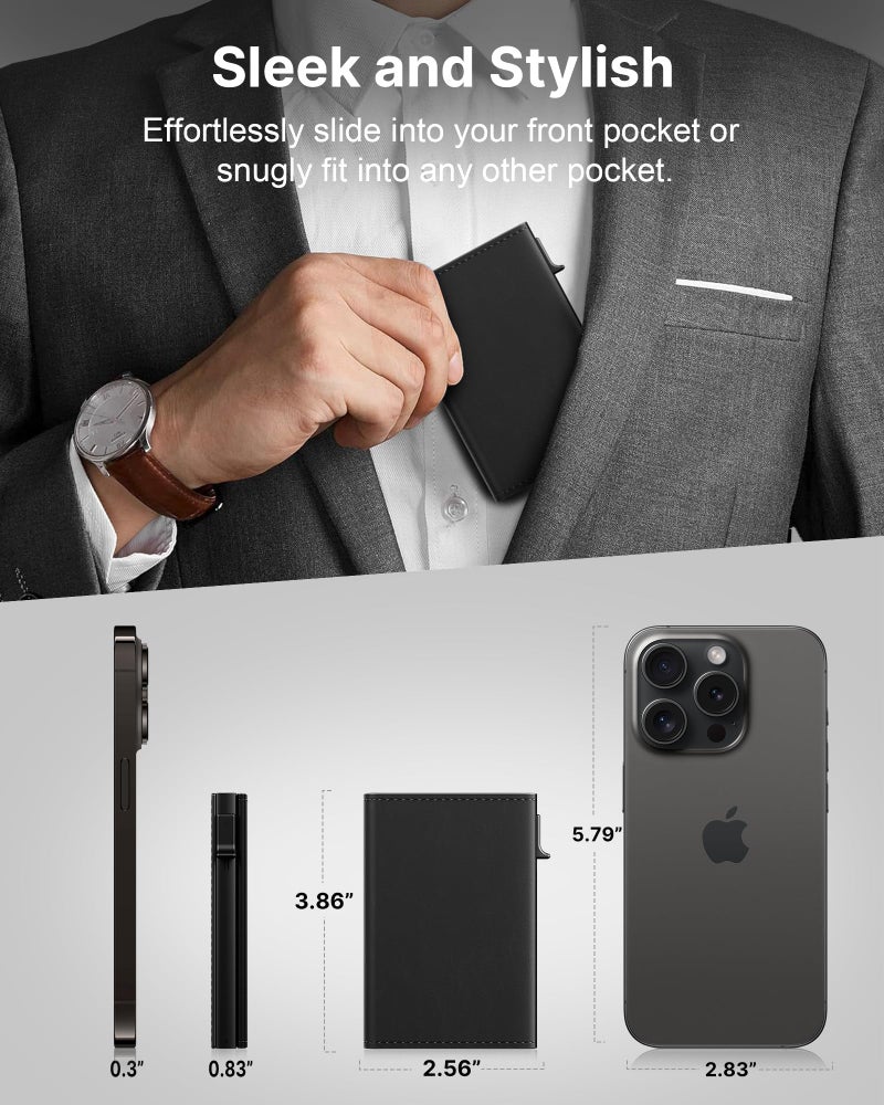 typecase Mens Wallet Card Holder: Pop Up Aluminum Case, Genuine Leather, Smart, RFID Blocking, Slim, Minimalist, Front Pocket - 9-14 Card Capacity | ID Window | Cash Slot (Deep Black) - Image 4
