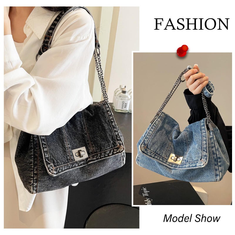 KlaOYer Denim Shoulder Bag for Women Jean Tote Bag Adjustable Chain Strap Crossbody Bags Y2k Trendy Hobo Purse Handbag (Light Blue) - Image 2