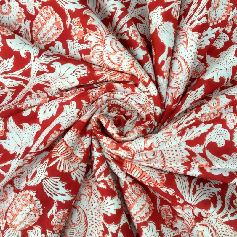 Etailor E-Tailor Cotton Hand Block Printed Fabric  Cotton Voile Fabric For Sewing Crafting  Dressmaking  Running Natural Dye Sanganeri Indian Floral Print Fabric By The Yard Width 44 Inches-1 Yard-Floral-Red - Image 1