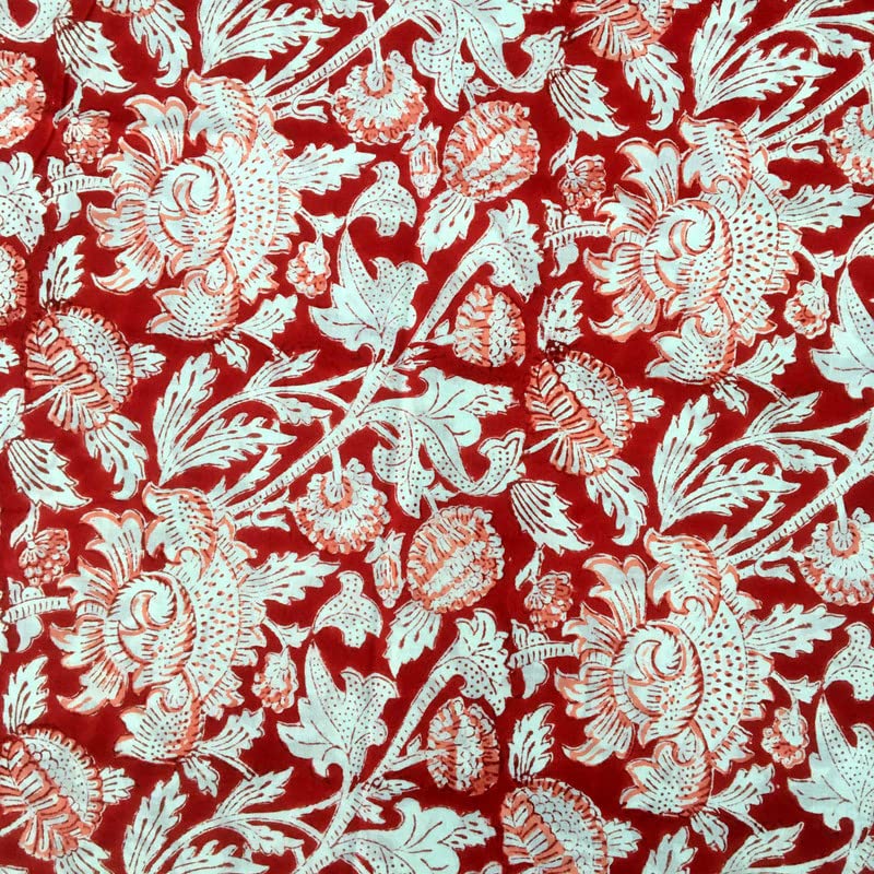 Etailor E-Tailor Cotton Hand Block Printed Fabric  Cotton Voile Fabric For Sewing Crafting  Dressmaking  Running Natural Dye Sanganeri Indian Floral Print Fabric By The Yard Width 44 Inches-1 Yard-Floral-Red - Image 2