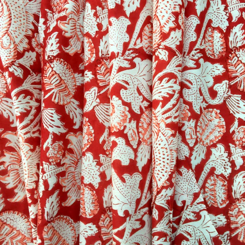 Etailor E-Tailor Cotton Hand Block Printed Fabric  Cotton Voile Fabric For Sewing Crafting  Dressmaking  Running Natural Dye Sanganeri Indian Floral Print Fabric By The Yard Width 44 Inches-1 Yard-Floral-Red - Image 3