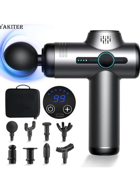 Massage Gun,Yakiter 99 Speeds Powerful Percussion Massage Machine with LCD Touch Screen, 8 Massage Heads, Quiet Handheld Neck Back Massager for Muscle Pain Relief（Grey + Suitcase)