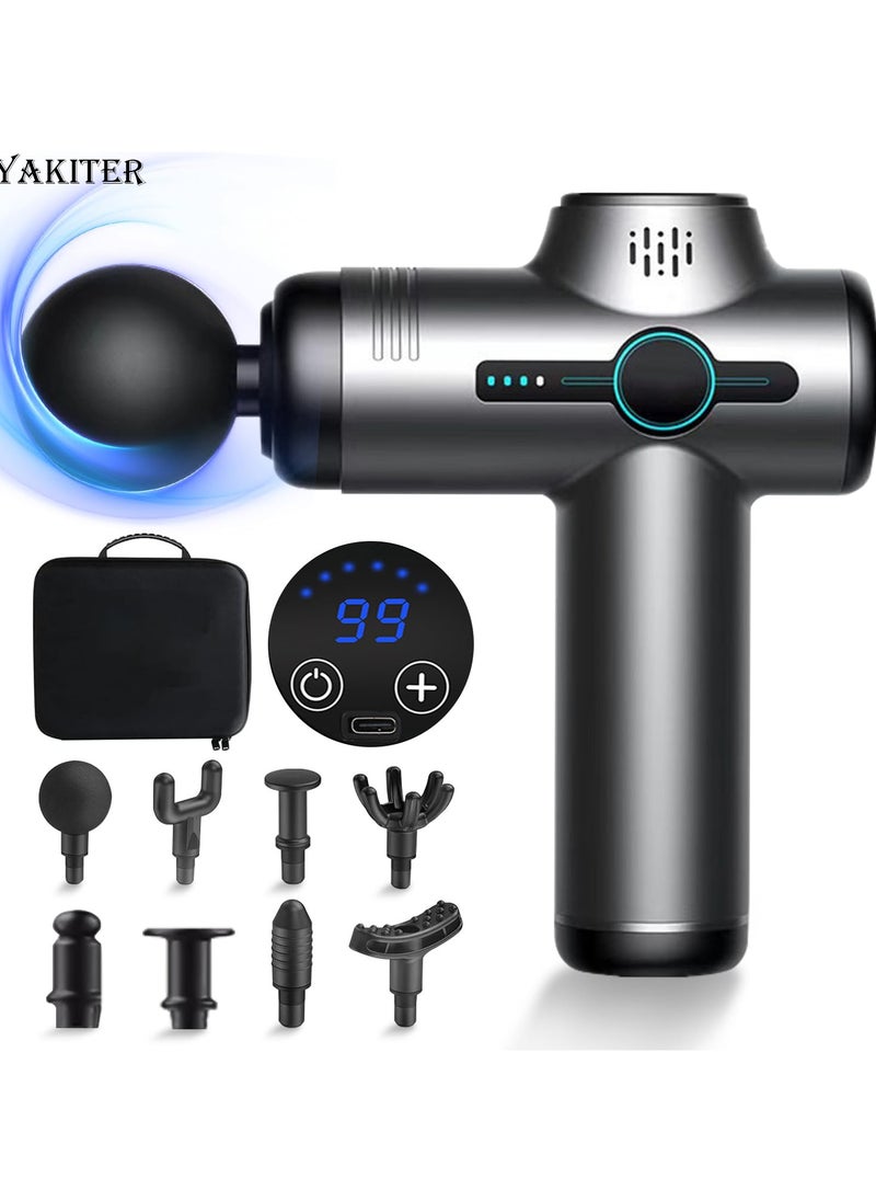 Yakiter Massage Gun,Yakiter 99 Speeds Powerful Percussion Massage Machine with LCD Touch Screen, 8 Massage Heads, Quiet Handheld Neck Back Massager for Muscle Pain Relief（Grey + Suitcase)  - Image 1