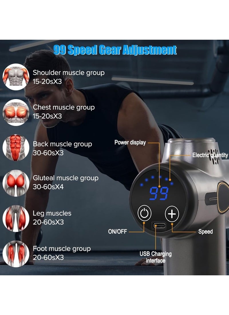 Yakiter Massage Gun,Yakiter 99 Speeds Powerful Percussion Massage Machine with LCD Touch Screen, 8 Massage Heads, Quiet Handheld Neck Back Massager for Muscle Pain Relief（Grey + Suitcase)  - Image 2