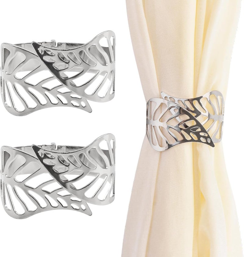 fashion mania Curtain Tie Backs, 2Pcs Metal Creative Curtain Rope Buckles Decorative Hollow Leaf Curtain Tiebacks Spring Drape Holder Clip for Home Office (Silver) - Image 1