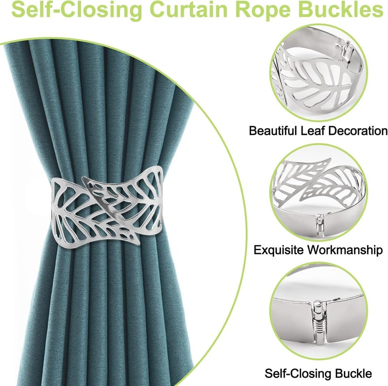 fashion mania Curtain Tie Backs, 2Pcs Metal Creative Curtain Rope Buckles Decorative Hollow Leaf Curtain Tiebacks Spring Drape Holder Clip for Home Office (Silver) - Image 5