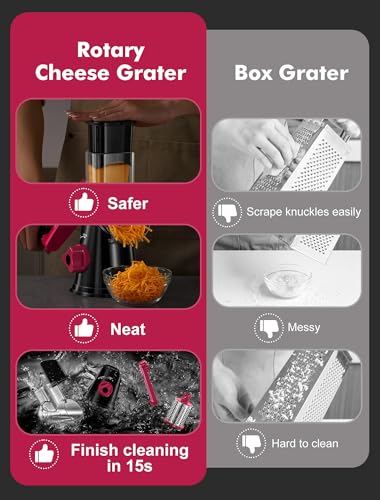 GDL Cheese Grater Rotary, Rotary Grater for Kitchen, Kitchen Vegetable Slicer with 3 Drum Blades, Fast Cutting Cheese Shredder for Vegetables and Nuts (Black+Rosy, 3 BLADES) - Image 5