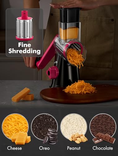 GDL Cheese Grater Rotary, Rotary Grater for Kitchen, Kitchen Vegetable Slicer with 3 Drum Blades, Fast Cutting Cheese Shredder for Vegetables and Nuts (Black+Rosy, 3 BLADES) - Image 4