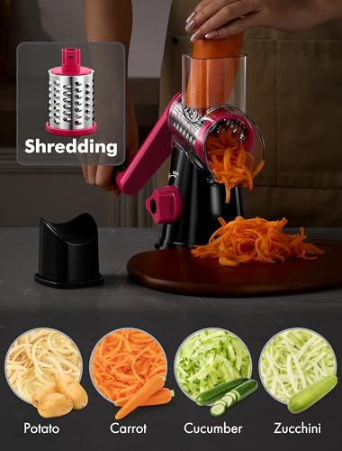 GDL Cheese Grater Rotary, Rotary Grater for Kitchen, Kitchen Vegetable Slicer with 3 Drum Blades, Fast Cutting Cheese Shredder for Vegetables and Nuts (Black+Rosy, 3 BLADES) - Image 3