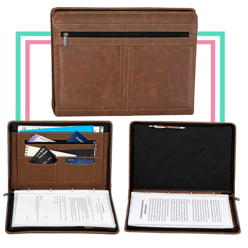 HCS Leather 4 Ring Professional File Folder for Documents Certificates, Conference Folder, File with 20 Leafs (Brown) - Image 4
