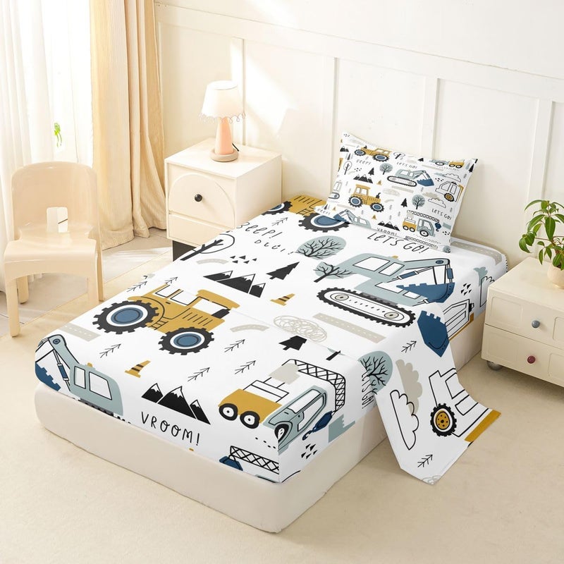 Feelyou Cartoon Car Kids Sheet Set Construction Bed Sheets Set Decor Equipment Trucks Sheets with Deep Pocket Fitted Sheet Cartoon Car Excavator Tractor White Yellow Bedding Set Bedroom Quilt Cover 3Pcs Twin - Image 3