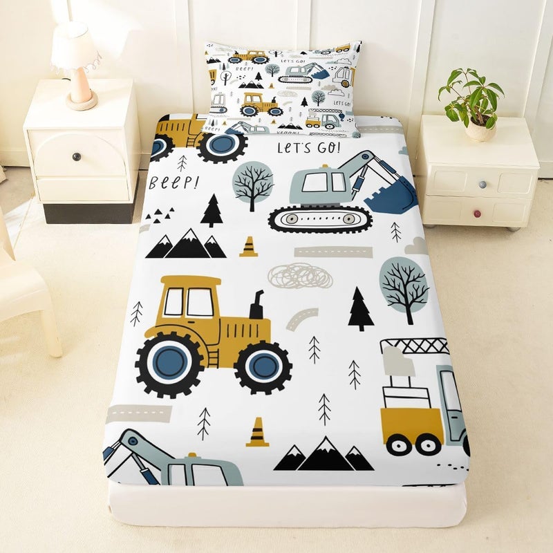 Feelyou Cartoon Car Kids Sheet Set Construction Bed Sheets Set Decor Equipment Trucks Sheets with Deep Pocket Fitted Sheet Cartoon Car Excavator Tractor White Yellow Bedding Set Bedroom Quilt Cover 3Pcs Twin - Image 5