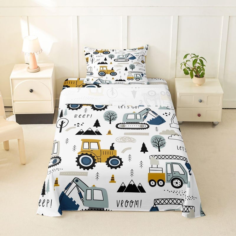 Feelyou Cartoon Car Kids Sheet Set Construction Bed Sheets Set Decor Equipment Trucks Sheets with Deep Pocket Fitted Sheet Cartoon Car Excavator Tractor White Yellow Bedding Set Bedroom Quilt Cover 3Pcs Twin - Image 2