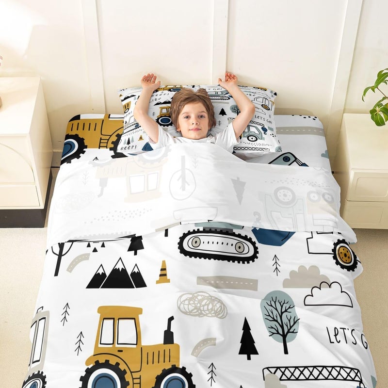 Feelyou Cartoon Car Kids Sheet Set Construction Bed Sheets Set Decor Equipment Trucks Sheets with Deep Pocket Fitted Sheet Cartoon Car Excavator Tractor White Yellow Bedding Set Bedroom Quilt Cover 3Pcs Twin - Image 4