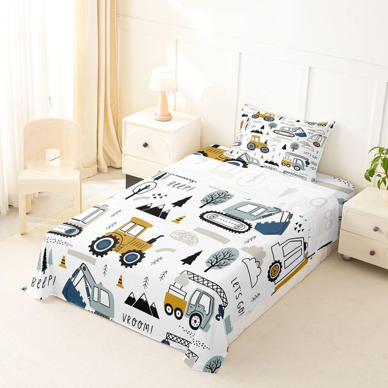 Feelyou Cartoon Car Kids Sheet Set Construction Bed Sheets Set Decor Equipment Trucks Sheets with Deep Pocket Fitted Sheet Cartoon Car Excavator Tractor White Yellow Bedding Set Bedroom Quilt Cover 3Pcs Twin - Image 1