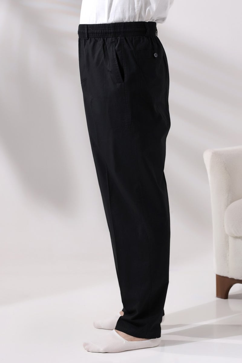 İhvan Online Men's Black Comfortable Cut Elastic Waist Linen Hajj and Umrah Shalwar Trousers  - Image 3