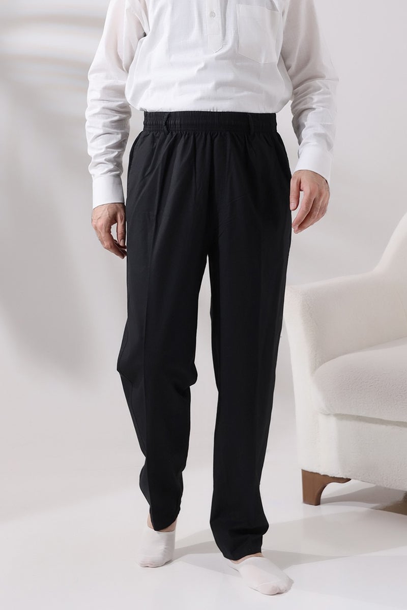 İhvan Online Men's Black Comfortable Cut Elastic Waist Linen Hajj and Umrah Shalwar Trousers  - Image 1