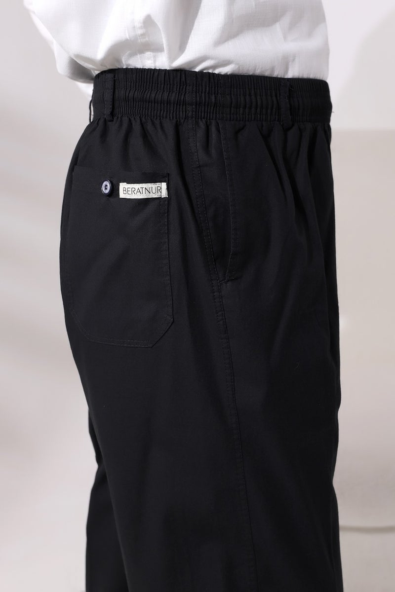 İhvan Online Men's Black Comfortable Cut Elastic Waist Linen Hajj and Umrah Shalwar Trousers  - Image 4