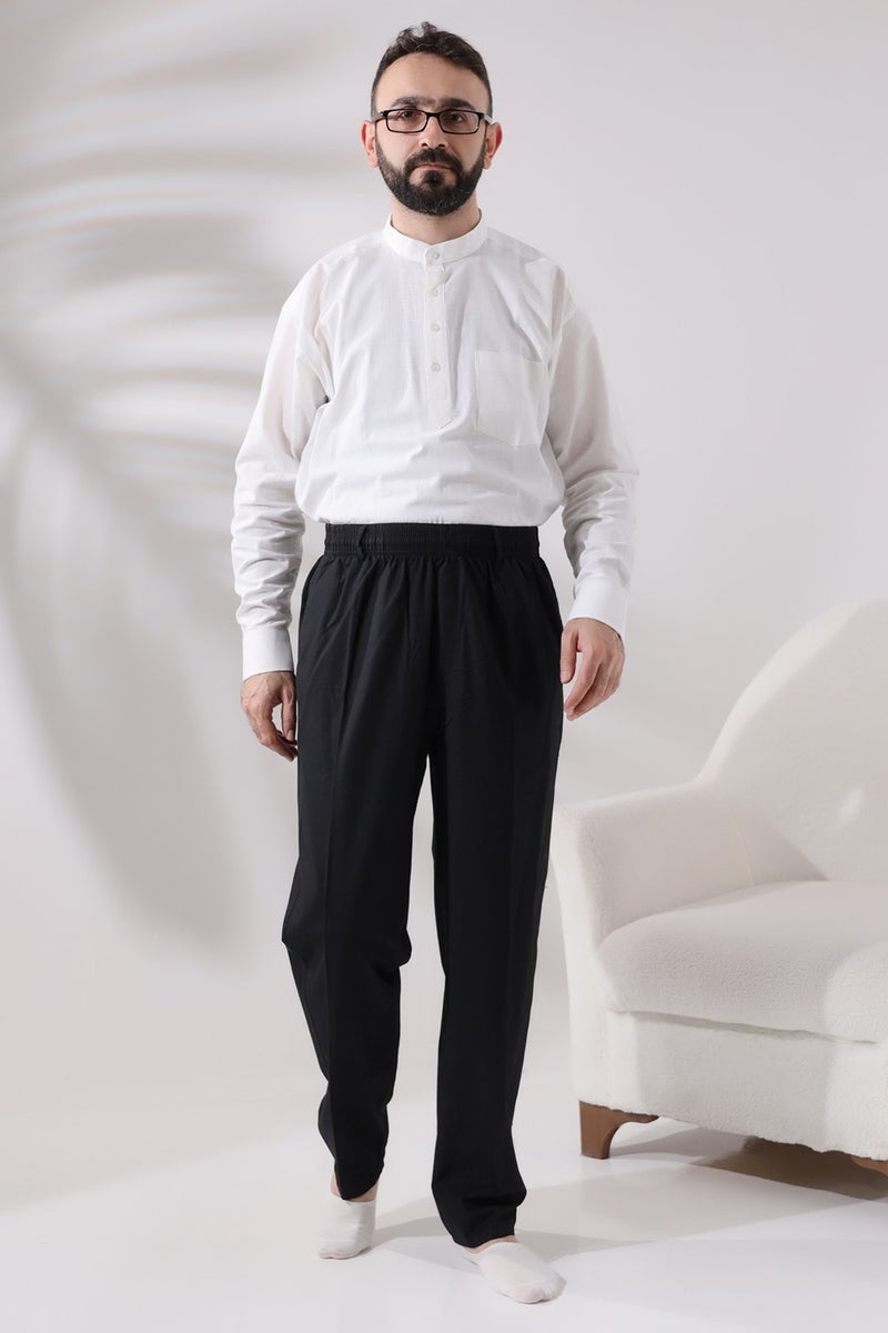 İhvan Online Men's Black Comfortable Cut Elastic Waist Linen Hajj and Umrah Shalwar Trousers  - Image 5