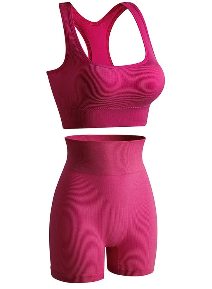 Loquat Women's Solid Color Sport Fitness Lingerie Set 2-piece Seamless Wireless Wide Shoulders Bra Vest+High Waist Boxer Briefs Sport Suit Rose Pink 