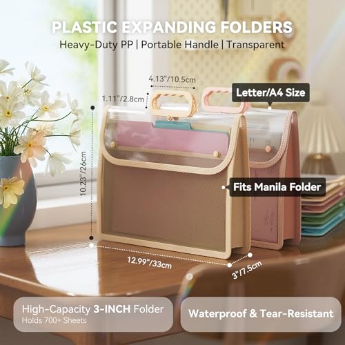 ABC Life [4 Pack] Plastic Expanding File Folder with Handle, Portable Transparent Document Organizer for Letter/A4, Briefcase-Style Accordion Case, Mesh Pocket, Heavy Duty for Home, Office & School - Image 2