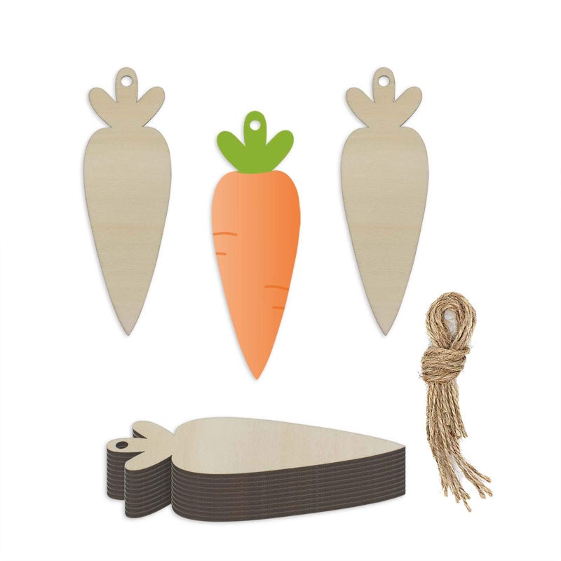 20pcs Blank Wooden Carrot Hanging Ornaments Carrot Shaped Wood DIY Crafts Cutouts with Hole Hemp Ropes Wood Tags for DIY Projects Easter Party Decorations