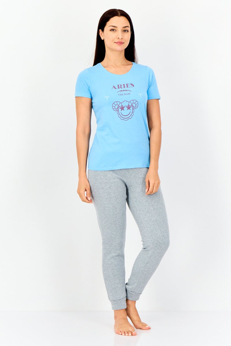 zivame Rosaline By Zivame Women Crew Neck Short Sleeves Graphic Print Pajama Top, Blue - Image 4
