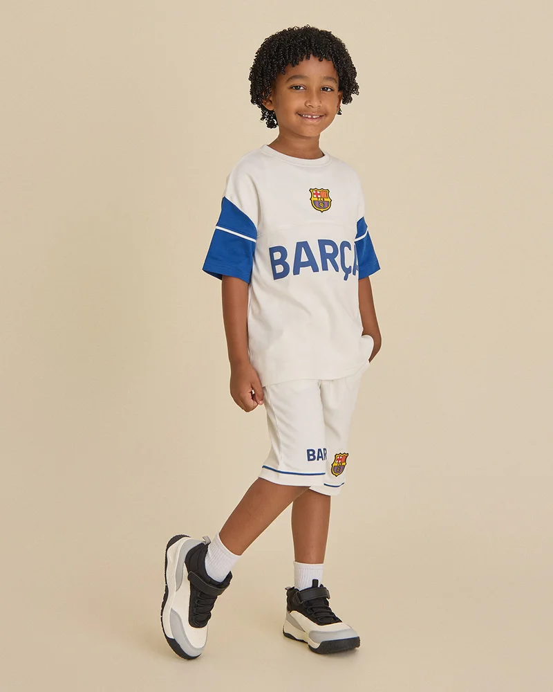 Redtag Boys Off White BARCA T-Shirt And Shorts Set