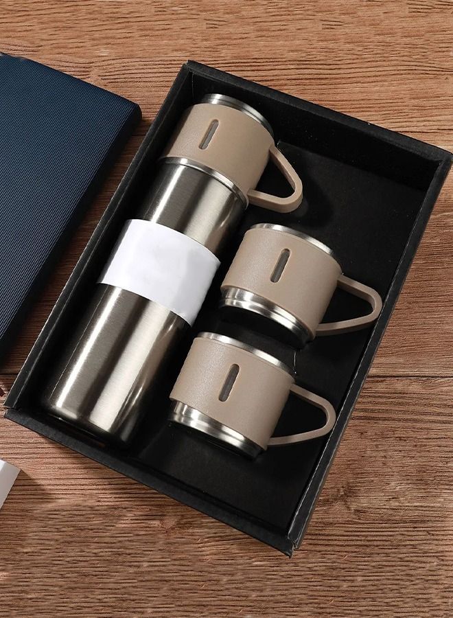 Portable Stainless Steel Thermos 500ml Leakproof Vacuum Insulated Bottle Flask with 3 Lid Cups For Water Coffee Tea Drinks Travel Mug Stays Hot & Cold Up to 12 Hours