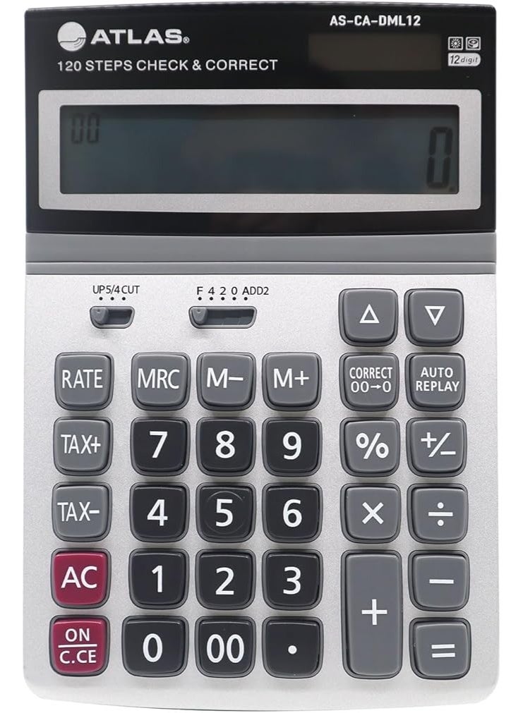ATLAS 12-Digit Calculator, 120-Step Check & Correct, Dual Power, Grand Total & Tax Function, Large, Silver Black color - Image 1