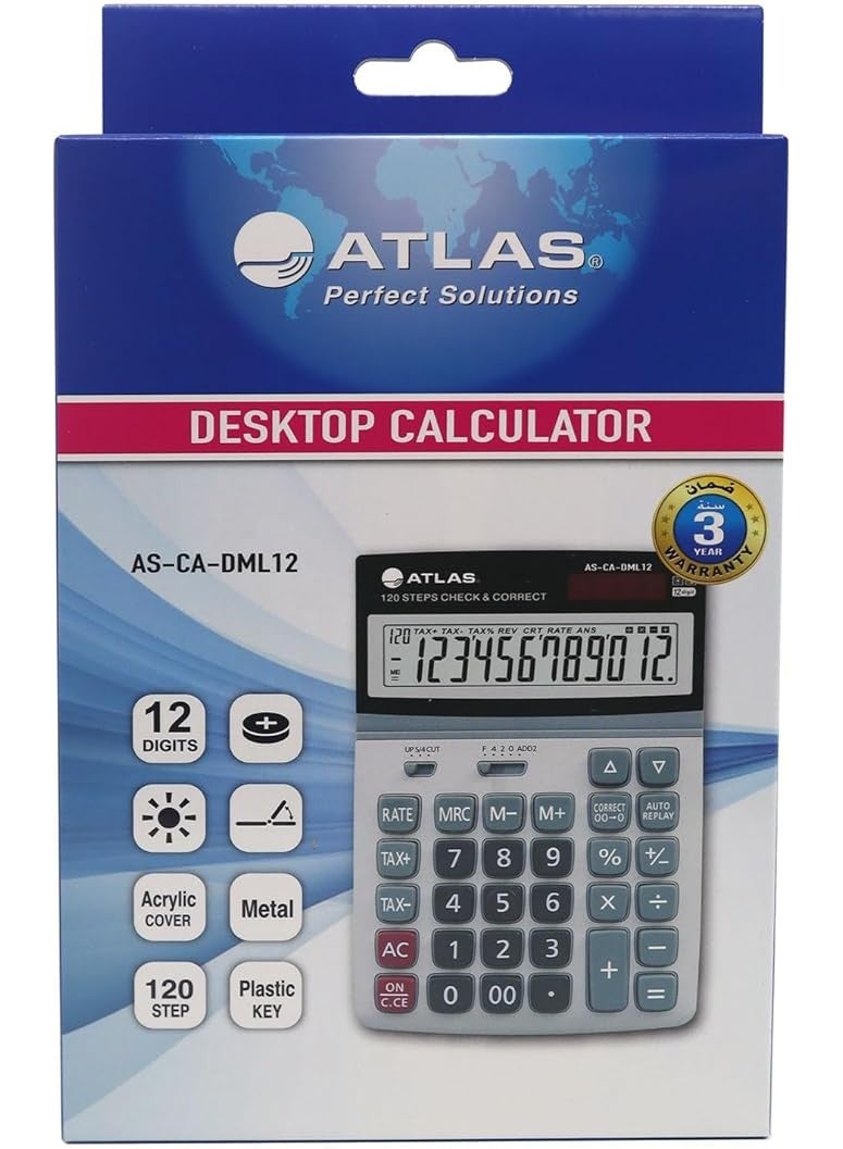 ATLAS 12-Digit Calculator, 120-Step Check & Correct, Dual Power, Grand Total & Tax Function, Large, Silver Black color - Image 2
