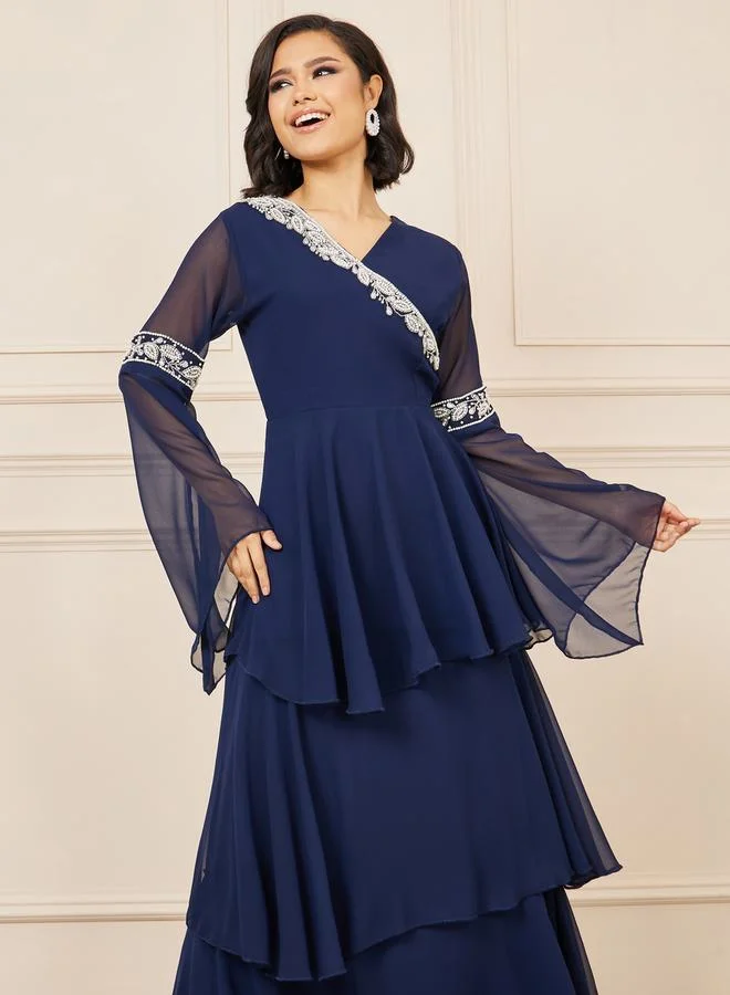 ستايلي Beaded Embellished Flute Layered Tiered Dress