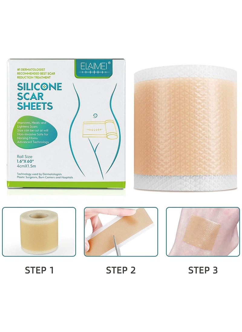 Elaimei - Elaimei Silicone Scar Sheets Soft Silicone Gel Scar Tape Painless Silicone Tape Roll - Effective Silicone Scar Removal Strips Sheets for C-Section & Keloid Surgery, Burn, Acne - Image 1