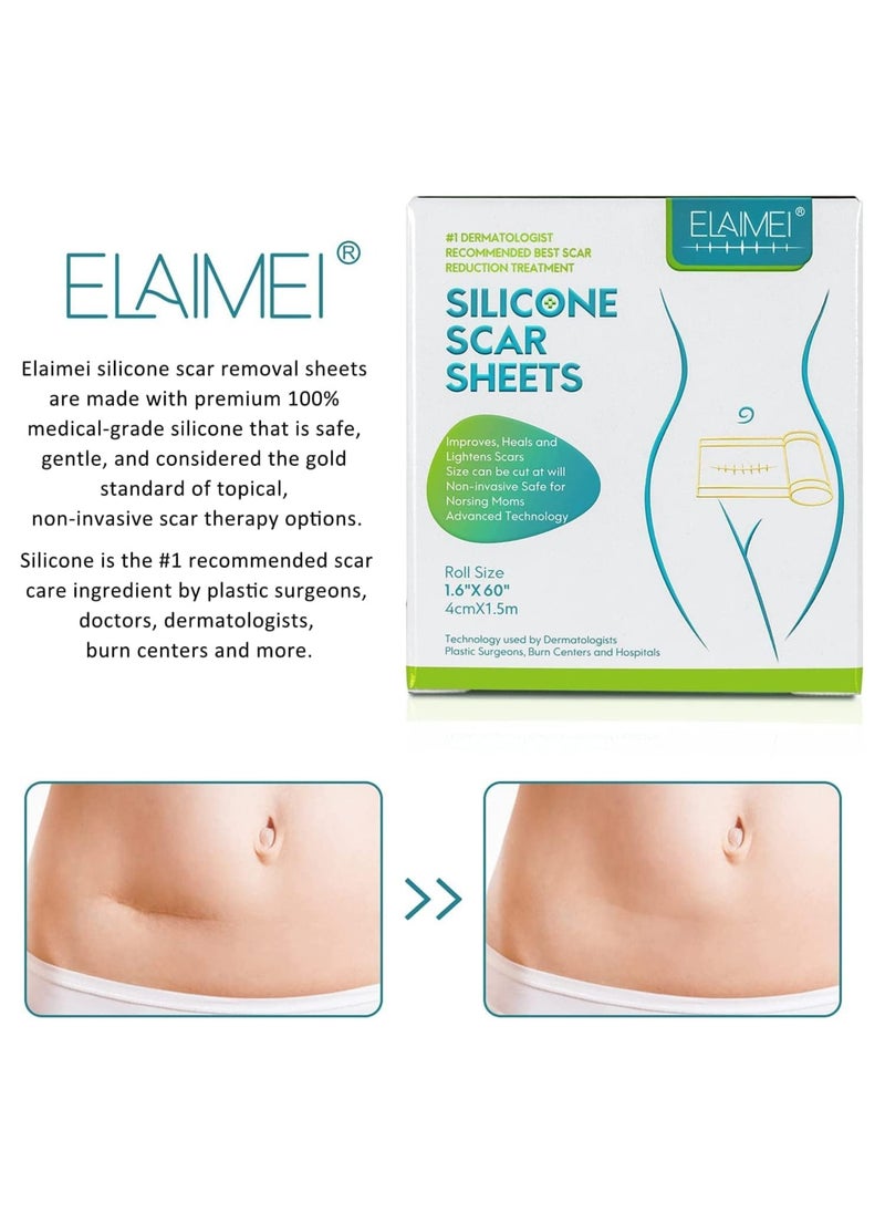 Elaimei - Elaimei Silicone Scar Sheets Soft Silicone Gel Scar Tape Painless Silicone Tape Roll - Effective Silicone Scar Removal Strips Sheets for C-Section & Keloid Surgery, Burn, Acne - Image 1