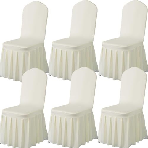 Qubjus 6 Pack Stretch Spandex Dining Chair Covers with Skirt – Washable & Fitted Slipcovers for Dining Room Chairs, Weddings, Home, Hotel Decor – Beige - Image 1