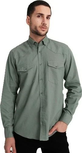 فاريتا Men's Water Green Double Pocket Gabardine Lycra Lewis Model Denim Shirt