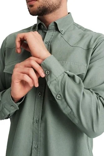 فاريتا Men's Water Green Double Pocket Gabardine Lycra Lewis Model Denim Shirt